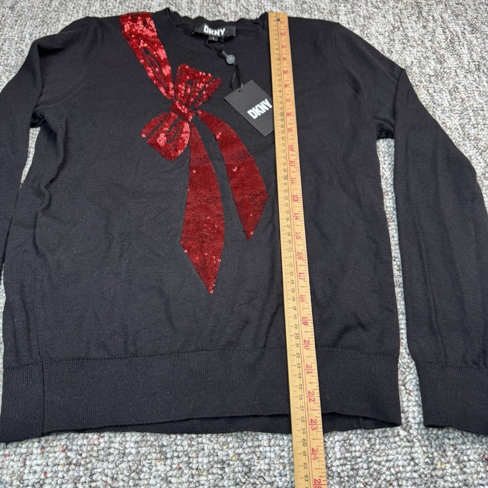 DKNY Womens Small Black Red Sequin Bow Crew Neck Holiday Sweater NWT - Picture 4 of 8